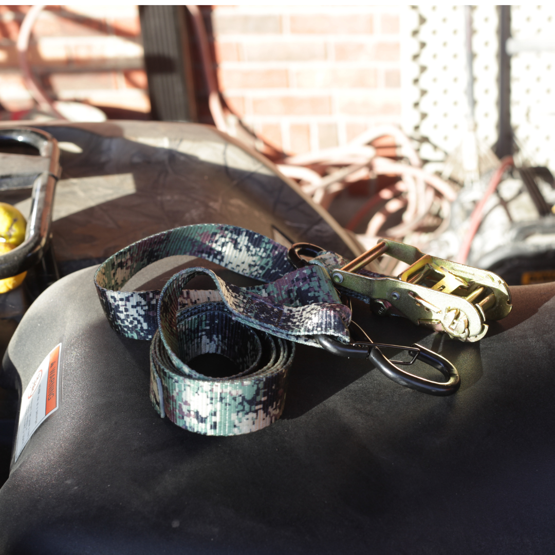 Camo -Pair of 1.5" American Made Ratchet Straps – product close-up