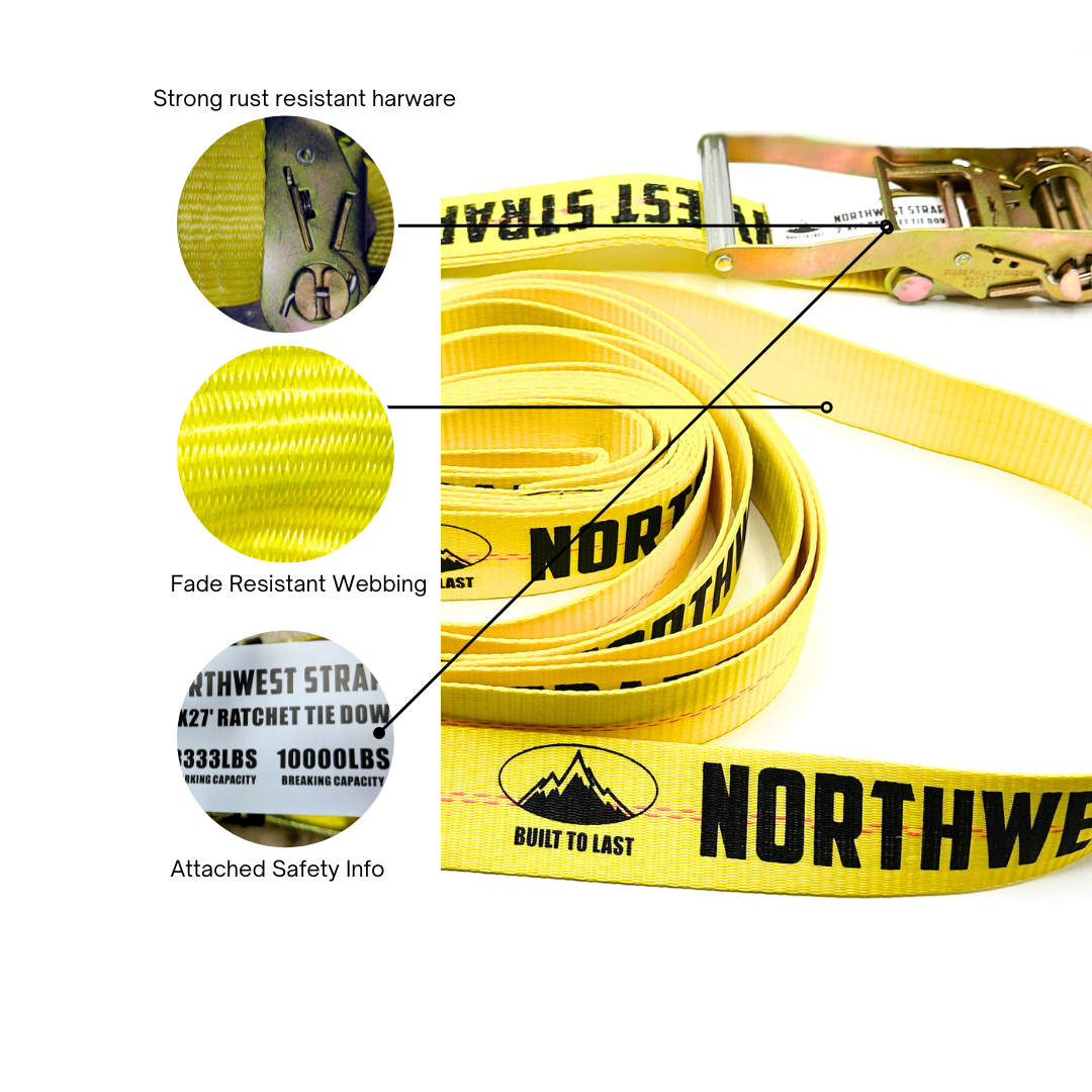 Premium 2" x 27' Ratchet Strap with J-Hooks – product close-up | Northwest Straps, made in Oregon