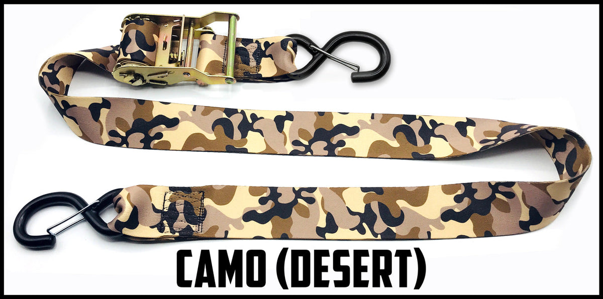Traditional desert camo 2 inch custom picture quality polyester webbing ratchet strap. Design by Northwest Straps.