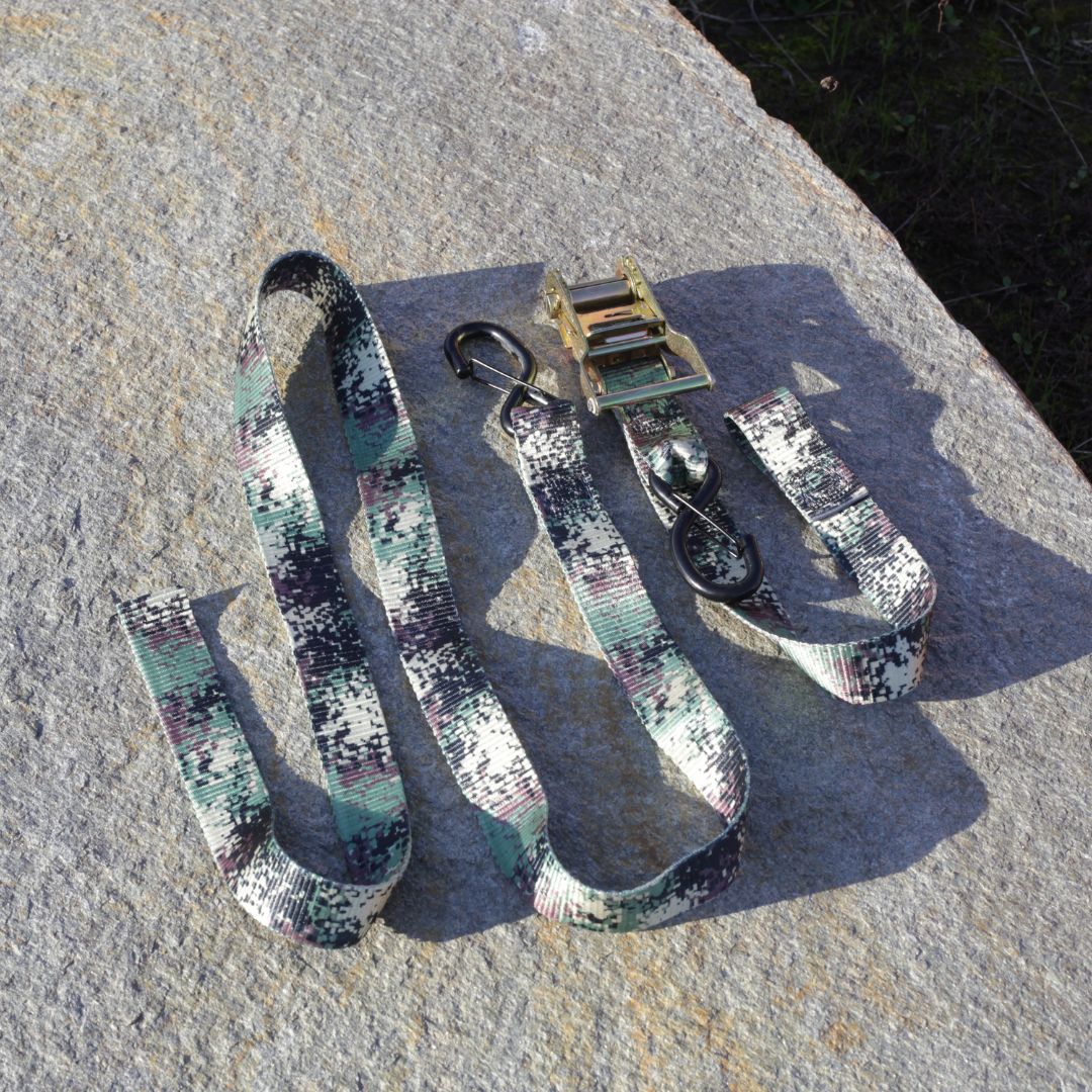 Camo -Pair of 1.5" American Made Ratchet Straps – product close-up