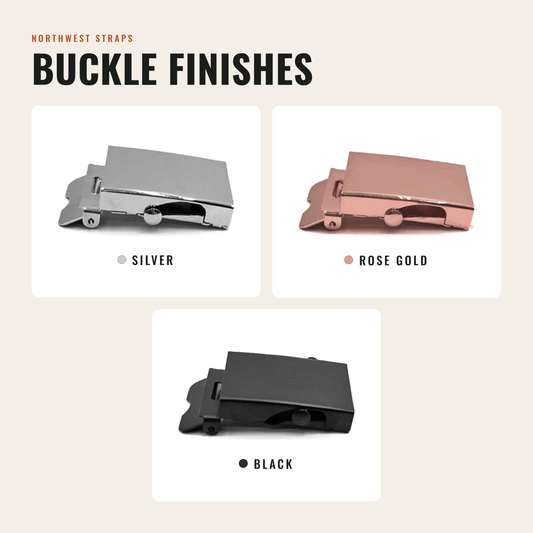Slide-lock belt buckle finishes: silver, rose gold, and black