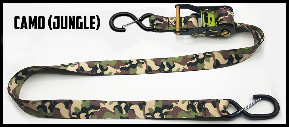 Traditional jungle camo 1.5 inch custom picture quality polyester webbing ratchet strap. Design by Northwest Straps.