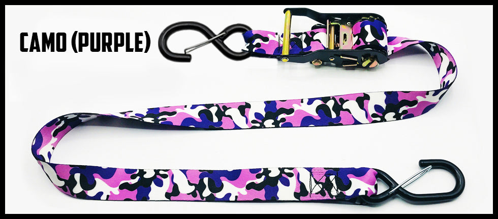 Traditional purple camo 1.5 inch custom picture quality polyester webbing ratchet strap. Design by Northwest Straps.