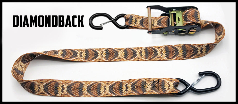 Diamondback rattlesnake snake skin 1.5 inch custom picture quality polyester webbing ratchet strap. Design by Northwest Straps.