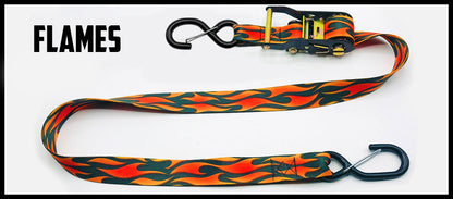 Flames on red background 1.5 inch custom picture quality polyester webbing ratchet strap. Design by Northwest Straps.