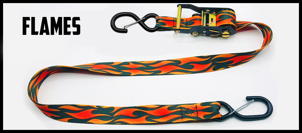 Flames on black background 1.5 inch custom picture quality polyester webbing ratchet strap. Design by Northwest Straps.