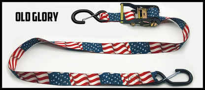 Old glory American flag 1.5 inch custom picture quality polyester webbing ratchet strap. Design by Northwest Straps.