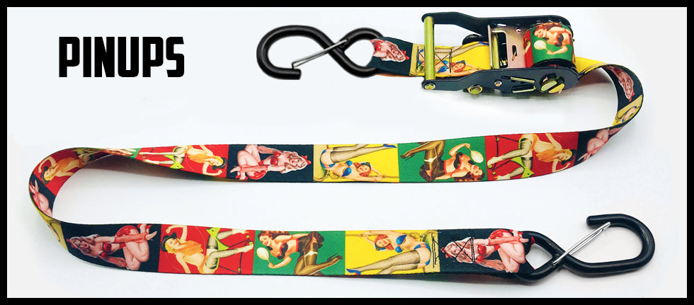 black yellow green red pinup girl 1.5 inch custom picture quality polyester webbing ratchet strap. Design by Northwest Straps.