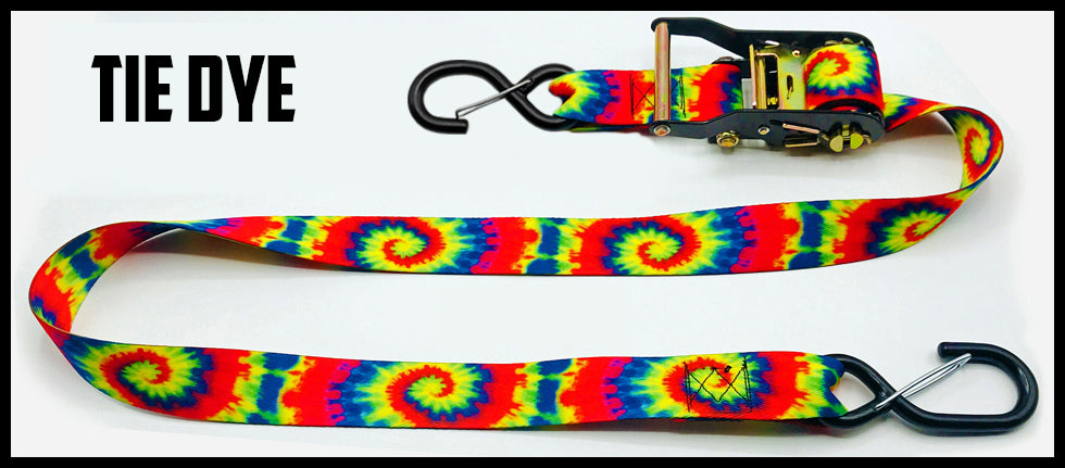 Red green yellow blue tie dye. 1.5 inch custom picture quality polyester webbing ratchet strap. Design by Northwest Straps.