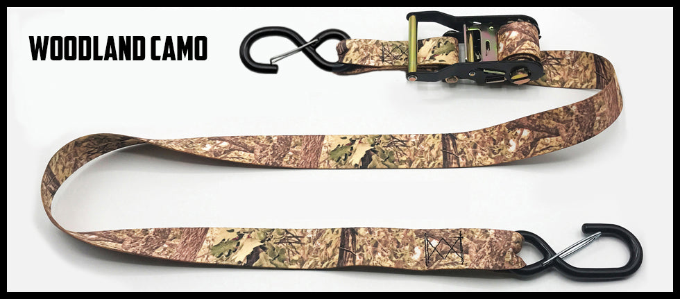 woodland camo 1.5 inch custom picture quality polyester webbing ratchet strap. Design by Northwest Straps.