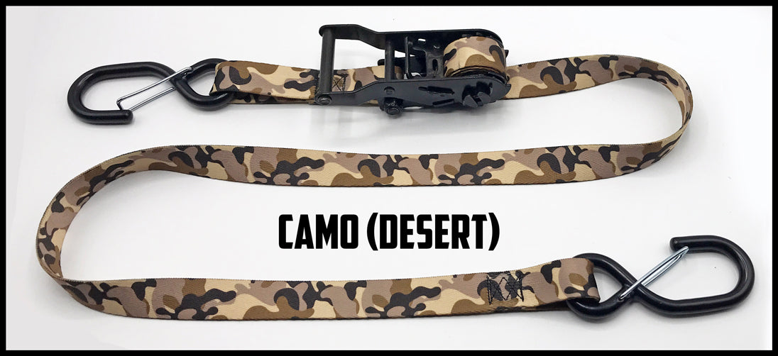 Traditional desert camo 1 inch custom picture quality polyester webbing ratchet strap. Design by Northwest Straps.