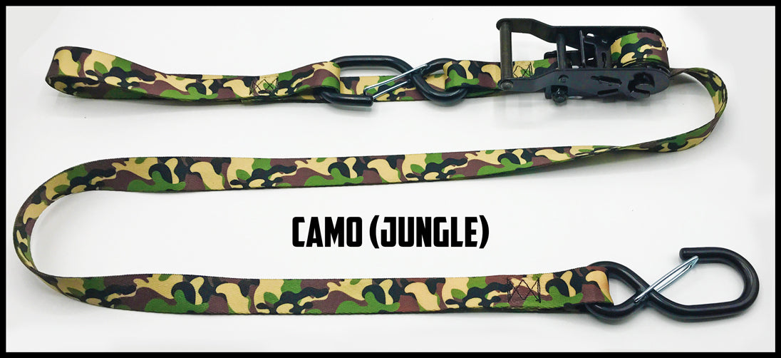 Traditional jungle camo 1 inch custom picture quality polyester webbing ratchet strap. Design by Northwest Straps.