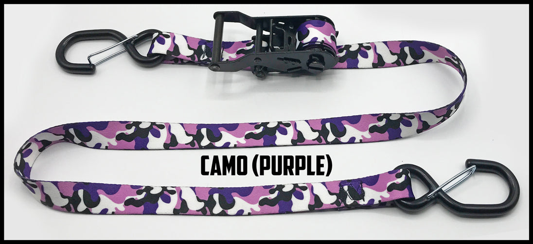 Classic purple camo 1 inch custom picture quality polyester webbing ratchet strap. Design by Northwest Straps.