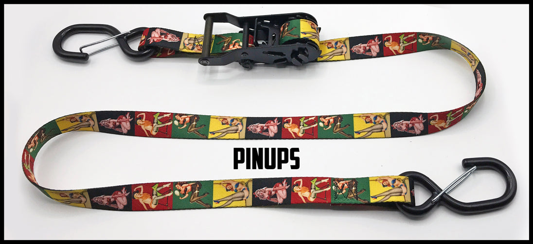 Yellow green black red pinup girl 1 inch custom picture quality polyester webbing ratchet strap. Design by Northwest Straps.