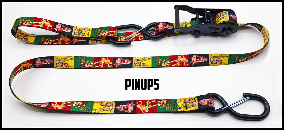 Black yellow green red pinup girl 1 inch custom picture quality polyester webbing ratchet strap. Design by Northwest Straps.