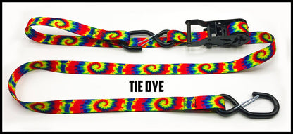 red yellow blue green tie dye 1 inch custom picture quality polyester webbing ratchet strap. Design by Northwest Straps.