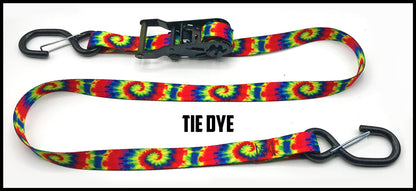 red yellow blue tie dye 1 inch custom picture quality polyester webbing ratchet strap. Design by Northwest Straps.