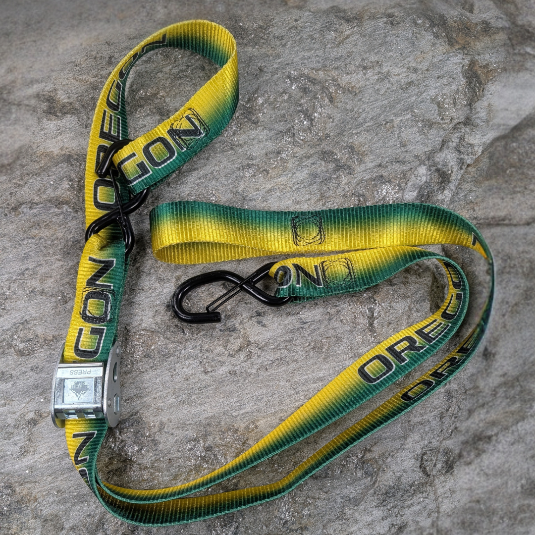 Yellow and Green Oregon State 1.5" x 6' Cam Straps with Soft Loops — Pair