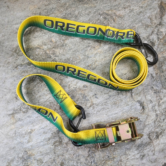 Yellow and Green Oregon State 1.5" x 6' Ratchet Straps with Soft Loops — Pair