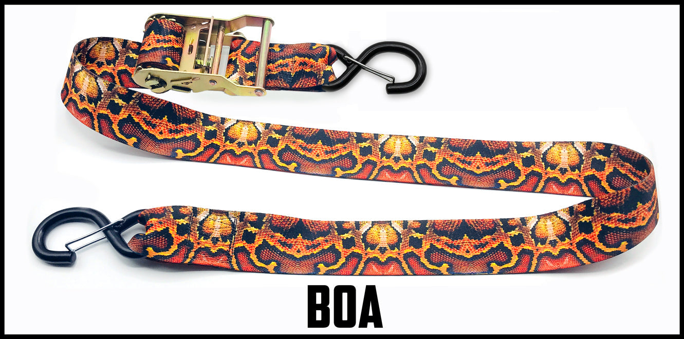 Boa constrictor snake skin 2 inch custom picture quality polyester webbing ratchet strap. Design by Northwest Straps.