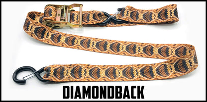 Diamondback rattlesnake snake skin 2 inch custom picture quality polyester webbing ratchet strap. Design by Northwest Straps.