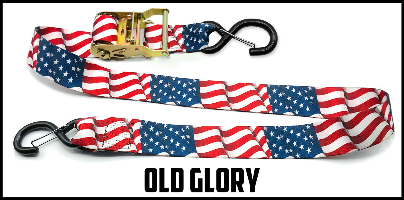 Old glory American flag 2 inch custom picture quality polyester webbing Ratchet strap. Design by Northwest Straps.