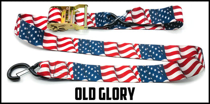 Old glory American flag 2 inch custom picture quality polyester webbing ratchet strap. Design by Northwest Straps.