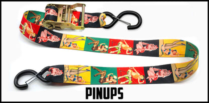 Black yellow green red pinup girls 2 inch custom picture quality polyester webbing ratchet strap. Design by Northwest Straps.