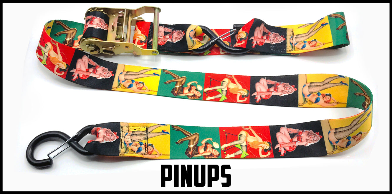 Black yellow green red Pinup 2 inch custom picture quality polyester webbing ratchet strap. Design by Northwest Straps.