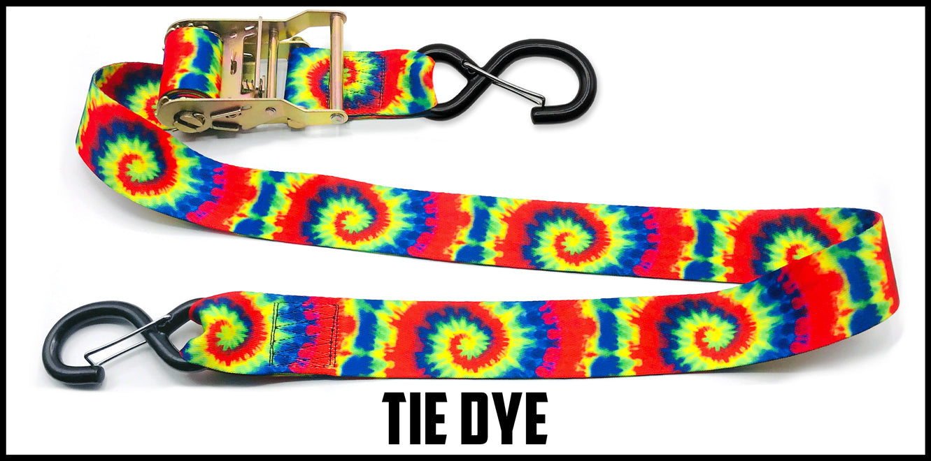 Red blue green yellow tie dye 2 inch custom picture quality polyester webbing ratchet strap. Design by Northwest Straps.
