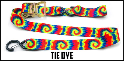 Red blue green yellow tie dye 2 inch custom picture quality polyester webbing ratchet strap. Design by Northwest Straps.