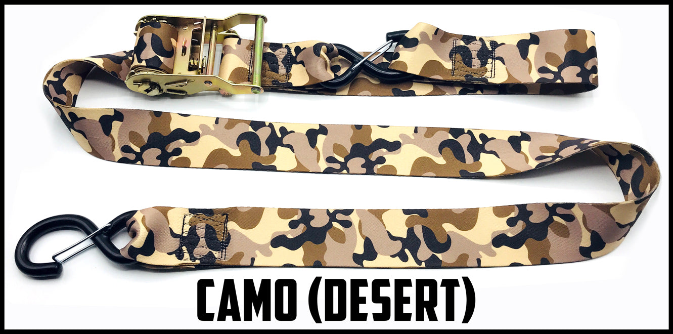 Traditional desert camo 2 inch custom picture quality polyester webbing ratchet strap. Design by Northwest Straps.