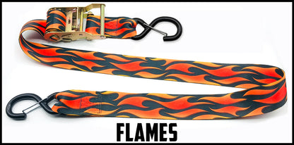flames on black background custom 2 inch custom picture quality polyester webbing ratchet strap. Design by Northwest Straps.