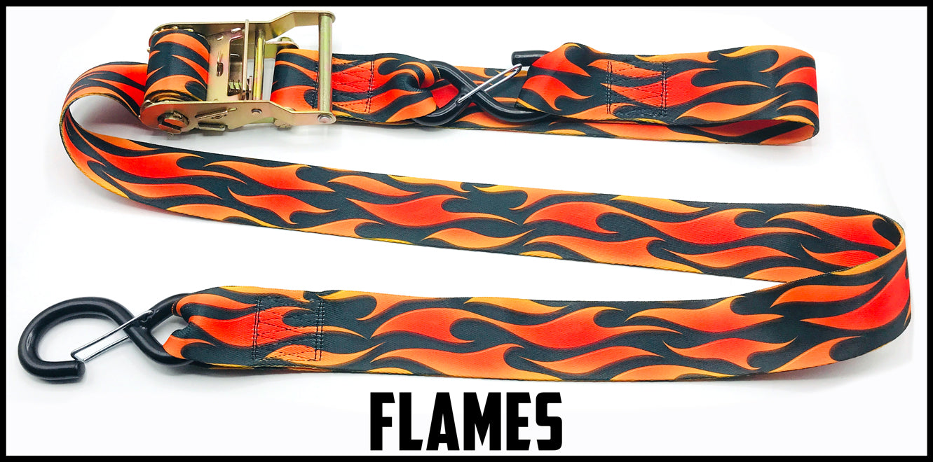 Flames on black background 2 inch custom picture quality polyester webbing ratchet strap. Design by Northwest Straps.