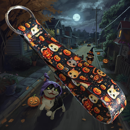 Halloween cat-themed keychain wrist lanyard with pumpkins and spooky designs on black webbing.