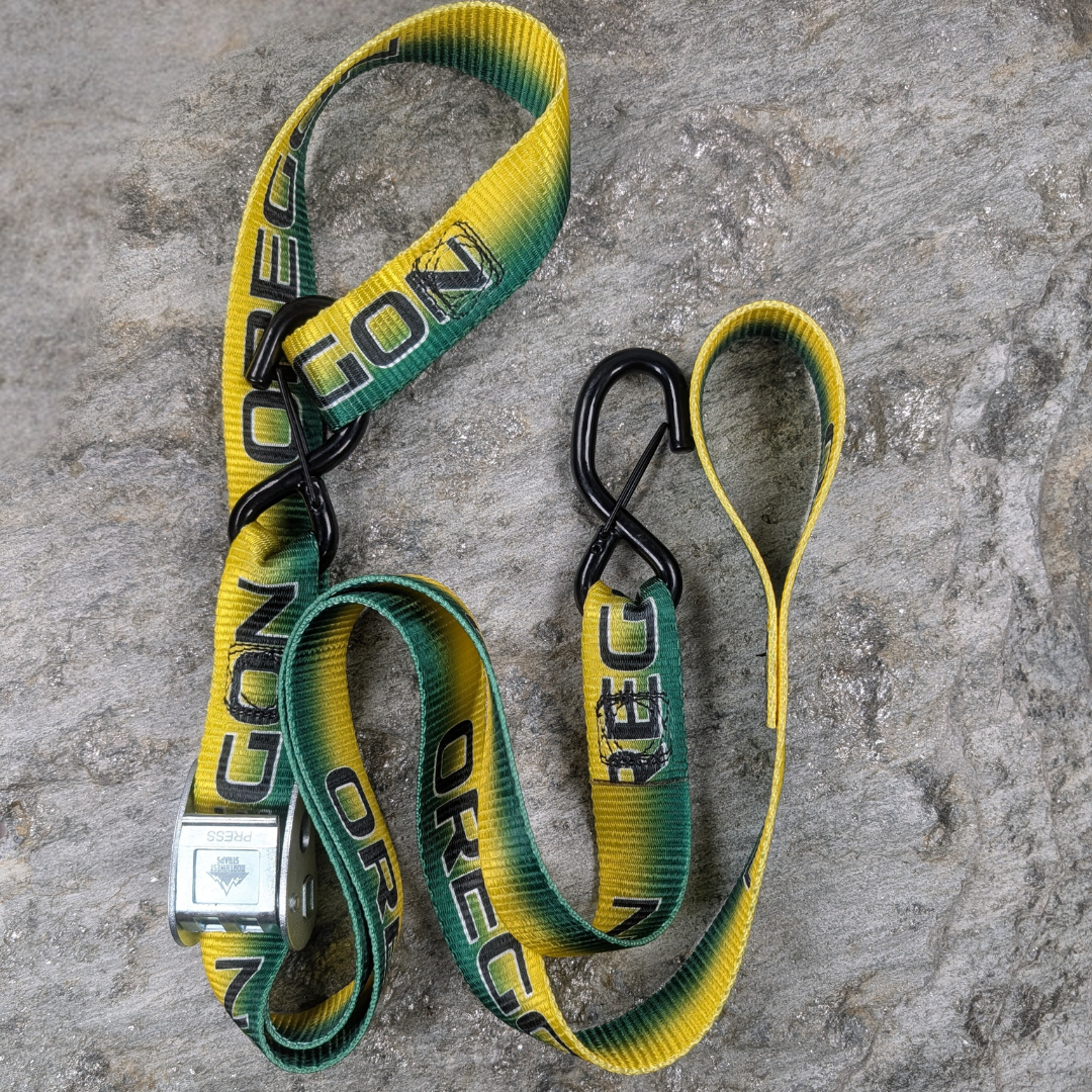 Yellow and Green Oregon State 1.5" x 6' Cam Straps with Soft Loops — Pair