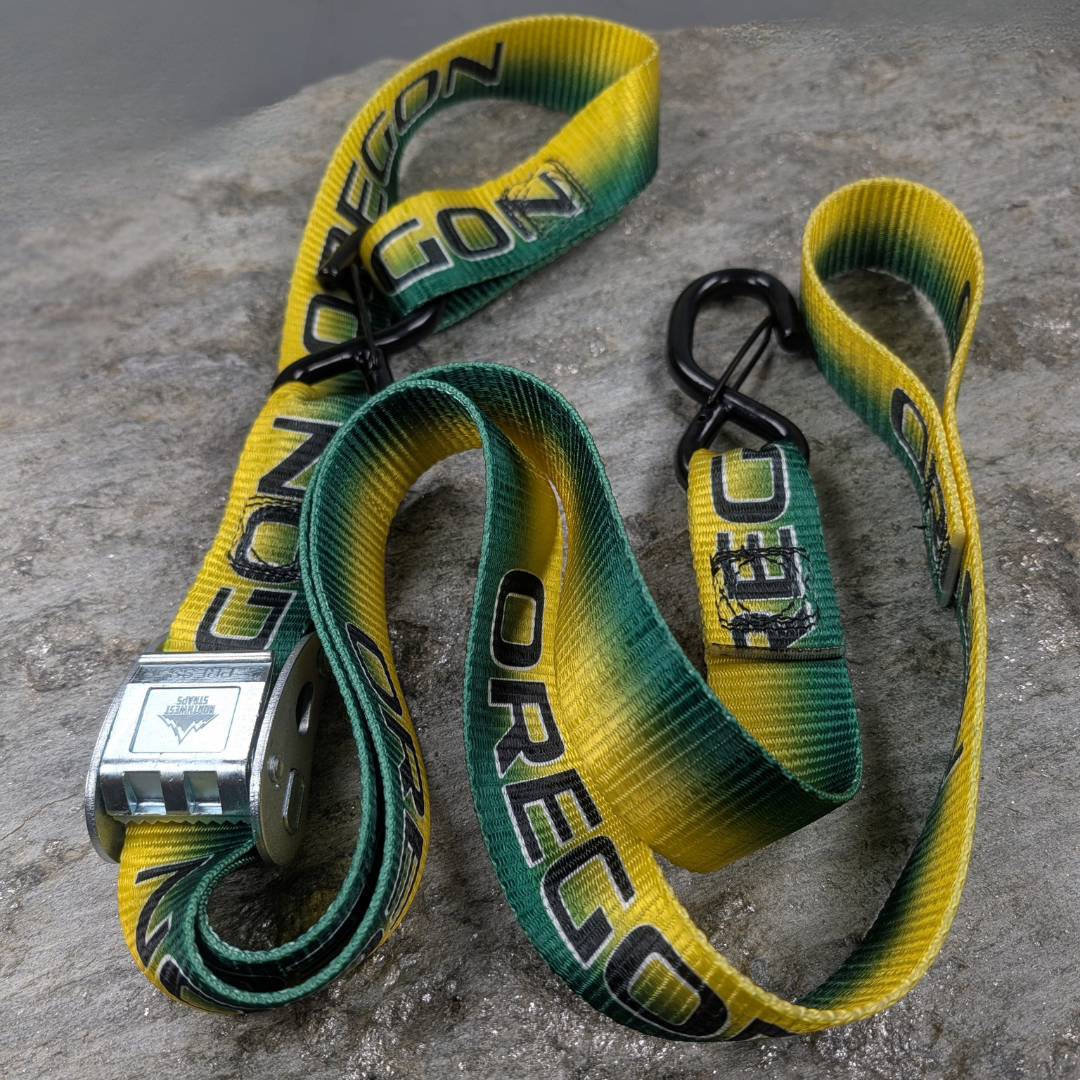 Yellow and Green Oregon State 1.5" x 6' Cam Straps with Soft Loops — Pair
