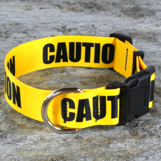 Caution Tape Dog Collar – Bold Text Warning Pattern