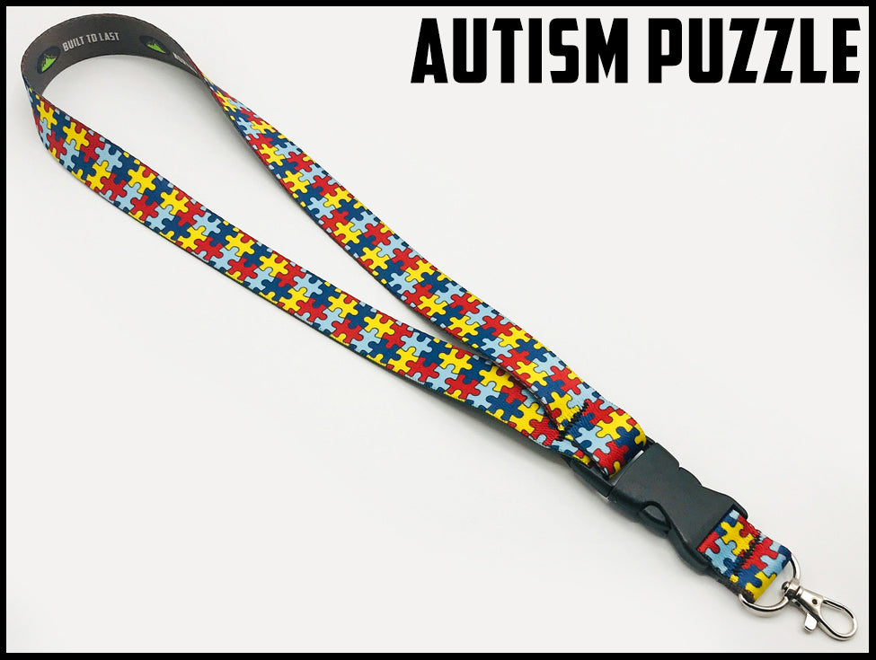 Autism puzzle custom lanyard design by northwest straps.