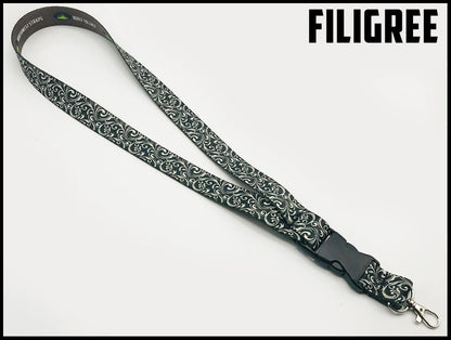 Silver filigree custom lanyard design by northwest straps.