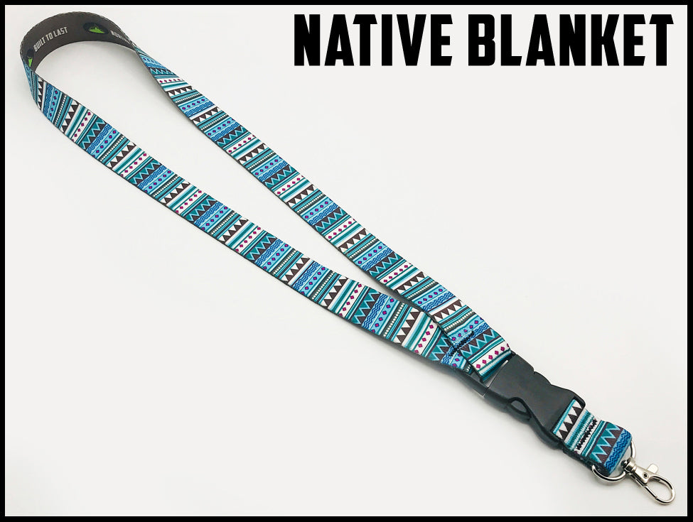 Blue red white brown Native blanket. Custom picture quality polyester webbing Lanyard. Design by Northwest Straps.