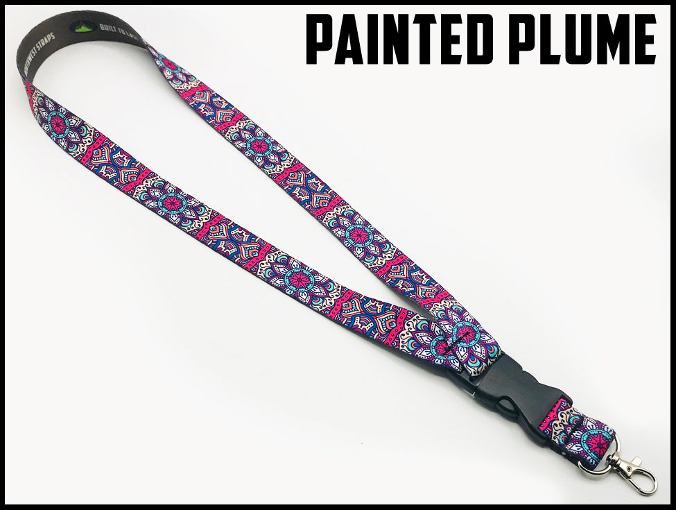 Painted plume red blue pink brown. native design. Custom picture quality polyester webbing Lanyard. Design by Northwest Straps.