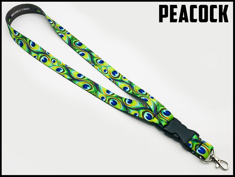 Peacock feather. Custom picture quality polyester webbing Lanyard. Design by Northwest Straps.