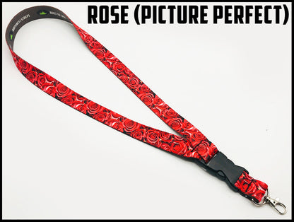 Photorealistic red roses. Custom picture quality polyester webbing Lanyard. Design by Northwest Straps.
