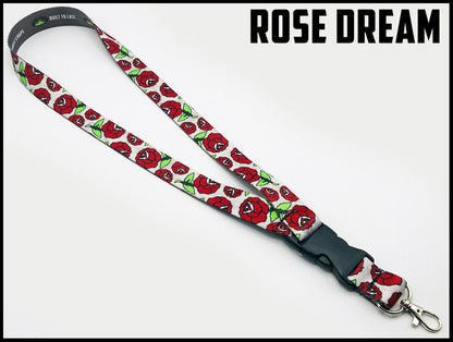 Drawn red roses on gray background. Custom picture quality polyester webbing Lanyard. Design by Northwest Straps.