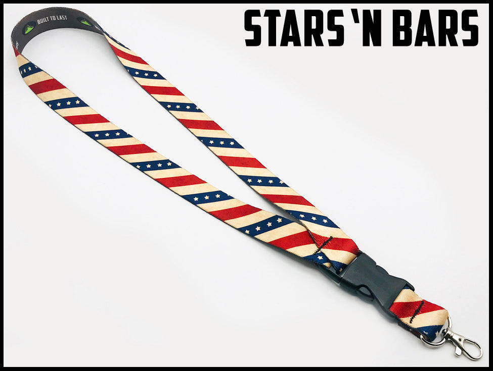 Red, white and blue. Stripes based on American flag. Custom picture quality polyester webbing Lanyard. Design by Northwest Straps.