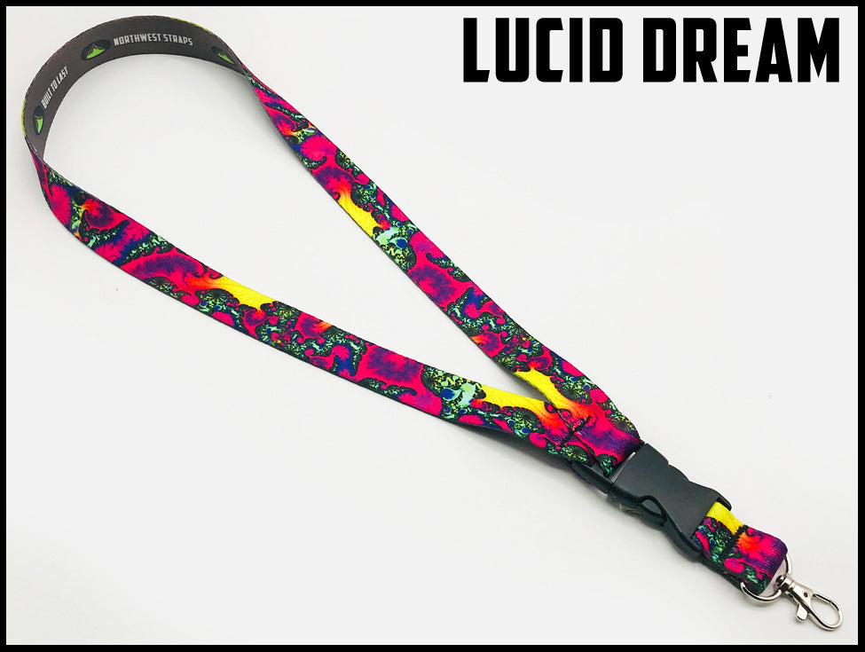 Lucid dream green, red yellow, black trippy design. Custom picture quality polyester webbing Lanyard. Design by Northwest Straps.