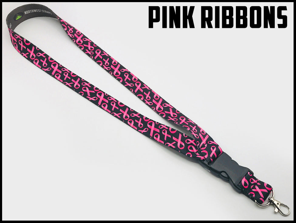 Pink ribbons on black background. Custom picture quality polyester webbing Lanyard. Design by Northwest Straps.