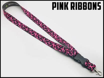 Pink ribbons on black background. Custom picture quality polyester webbing Lanyard. Design by Northwest Straps.