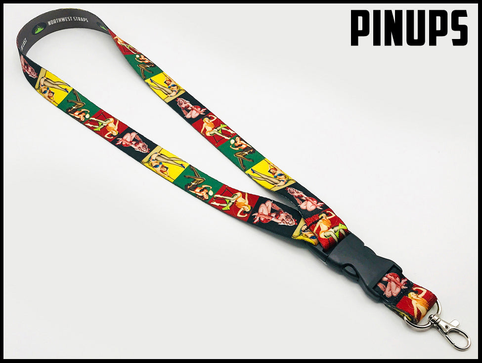 red green yellow black background. Pinup girls. Custom picture quality polyester webbing Lanyard. Design by Northwest Straps.